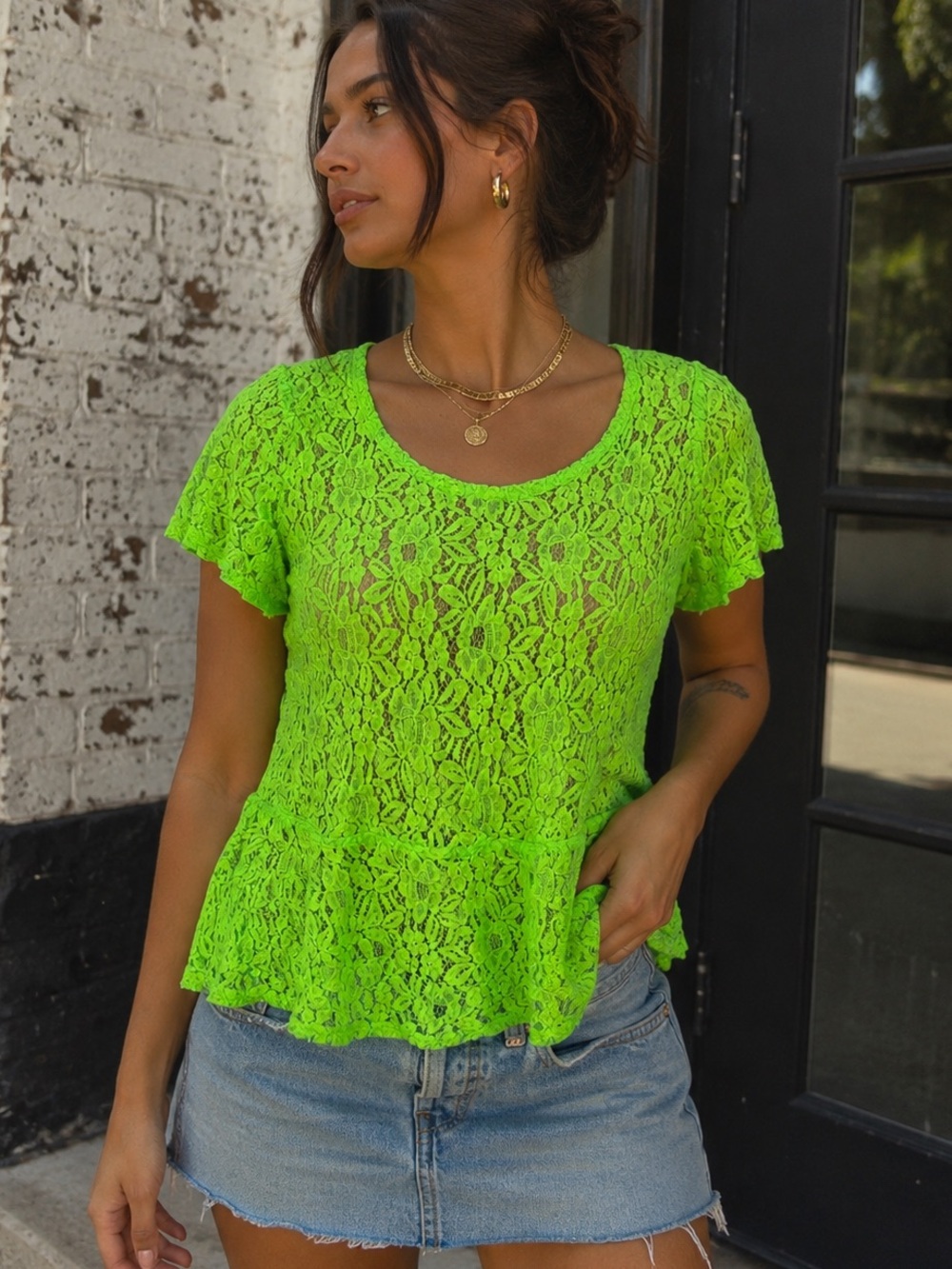 Y2K Neon Green Lace Peplum Top Short Sleeve Plus Size 1X Fairycore Coquette